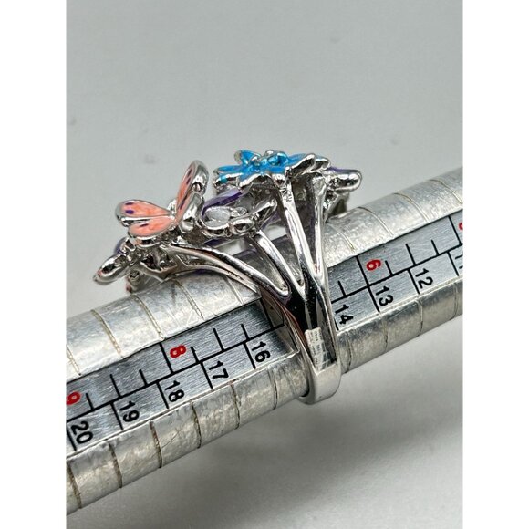 Enamel Flowers & Butterfly Ring Size 7 Silver Tone Cocktail Ring Summer Colorful - Picture 9 of 9